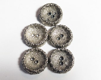Lot de 5 boutons de couture vintage concaves texturés en métal argenté épais, 22 mm