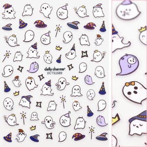 May include: A sheet of white sticker paper with a variety of cute ghost designs. The ghosts are wearing hats, crowns, and bows. The sheet is labeled "daily charmer" and "DCTSI689".