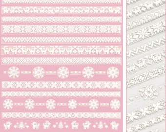 May include: A sheet of white adhesive nail art stickers with a variety of winter-themed designs, including snowflakes, reindeer, and trees. The stickers are on a pink background.