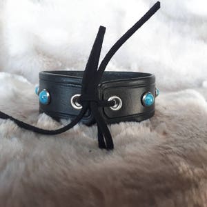 Black Leather and Turquoise Cuff image 2