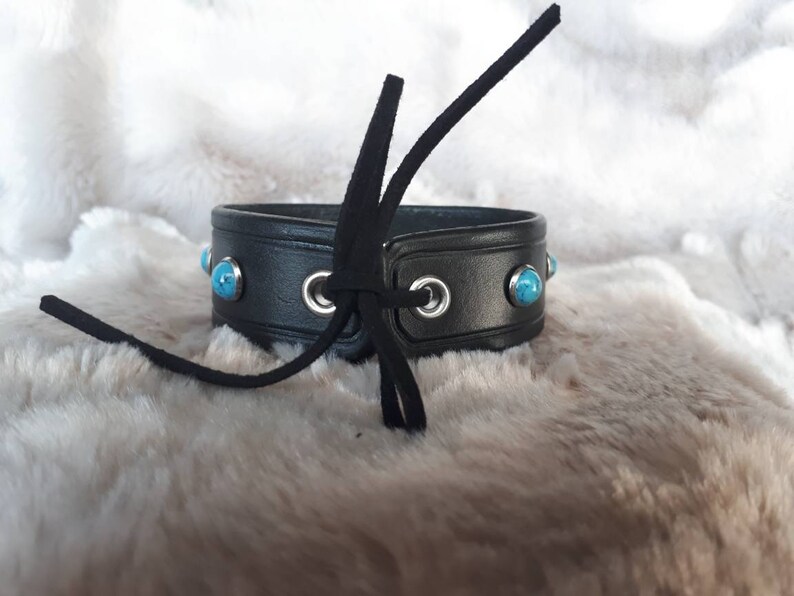 Black Leather and Turquoise Cuff image 2