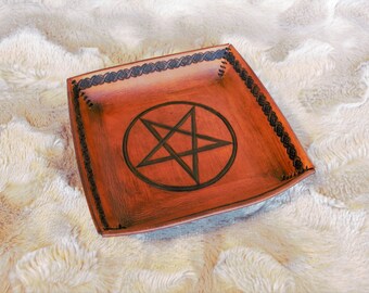 Handmade Leather Pentagram Container Tray Organizer Altar Pagan Ritual Key Tray Valet Tray