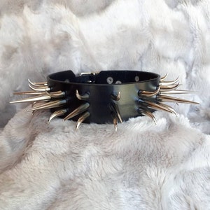 Black Leather Spiked Buckling Collar-Metal, Goth, Punk, Curved and Long Spikes
