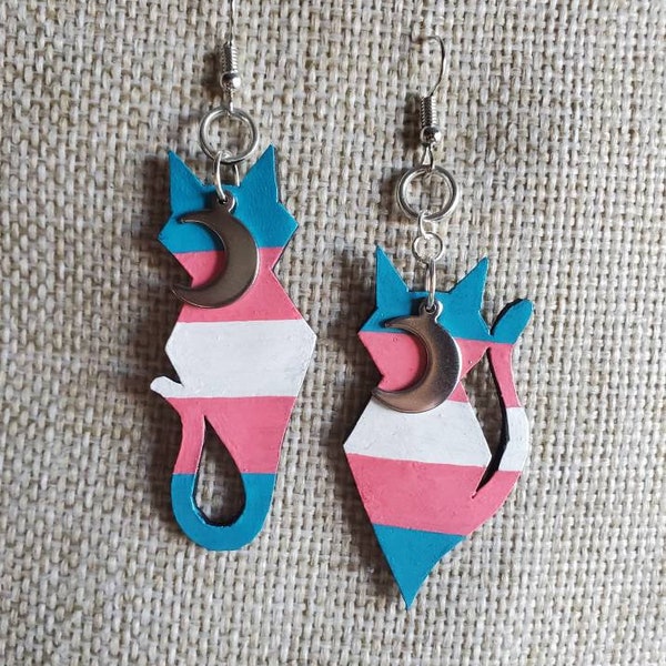 Witchy Leather Cat Moon Pendant Earrings Trans Pride Flag