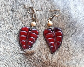 Leather Red Leaf and Stone Earrings