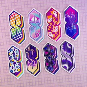 May include: Eight colorful stickers featuring the "S" shape with different patterns. The patterns include a rainbow, a geometric design, a cityscape, a smiley face, flames, a leopard print, lightning bolts, and a galaxy design.