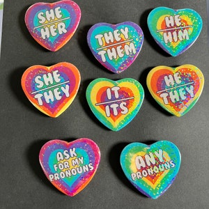 Holographic Pronoun Heart Buttons