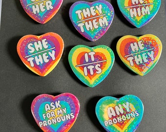 Holographic Pronoun Heart Buttons