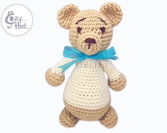 READY TO SHIP! Classic Teddy Bear Stuffed Animal with Bow Hand Made Crochet One Of A Kind Toy Doll. Baby Shower Gift.