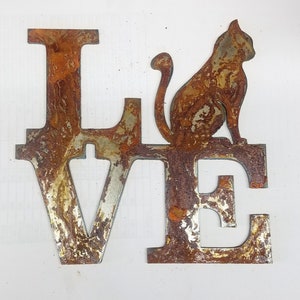 6 inch Square Love with Cat Pet Kitty Animal Rusty Rustic Vintage Antique-y Metal Steel Wall Art Ornament Craft Stencil DIY Sign