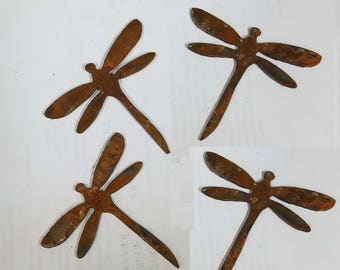 Lot Set of 4 Dragonfly Bug Insect Shapes 3 inch Rough Rusty Metal Steel Wall Art Home Stencil DIY Craft Sign Made in USA