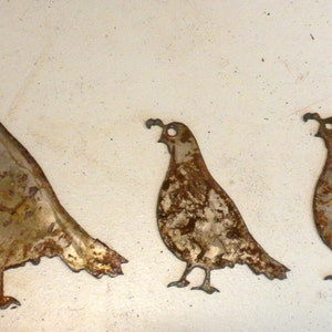 Set Lot of 3 Quail Mom and Babies Shapes 4" - 6" Rusty Vintage Antique-y Metal Steel Wall Art Craft Ornament Sign