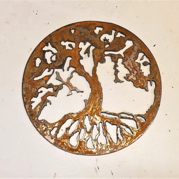 6 inch Tree of Life Circle Metal Rough Rusty Vintage-y Steel Wall Art Ornament Craft Sign Wind Chime Home Decor Made in USA