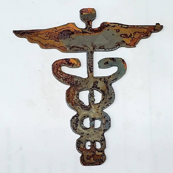 Rusty 4 inch Caduceus Medical Symbol Doctor Dr Nurse RN CNA Shape Vintage Antique Metal Art Ornament Craft Stencil diy Sign Made in usa