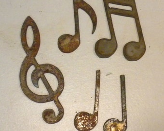 Lot Set of 5 Music Notes Treble Clef 2-4 inch Rusty Vintage Antique-y Metal Steel Wall Art Ornament Craft Stencil DIY Sign Made in USA