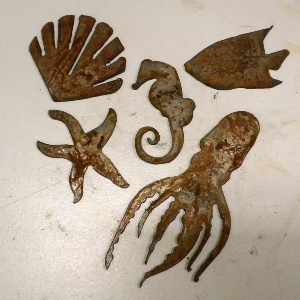 Set Lot of 5 Sea Creatures 3" - 6" Octopus Seahorse Starfish Fish Clam Rusty Vintage Antique-y Metal Steel Wall Art Craft Ornament Stencil
