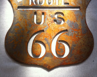 6 Inch Route Rt 66 Shield Rusty Rustic Metal Wall Art Road Ornament Design DIY Sign Made in USA Garage Shop Decor