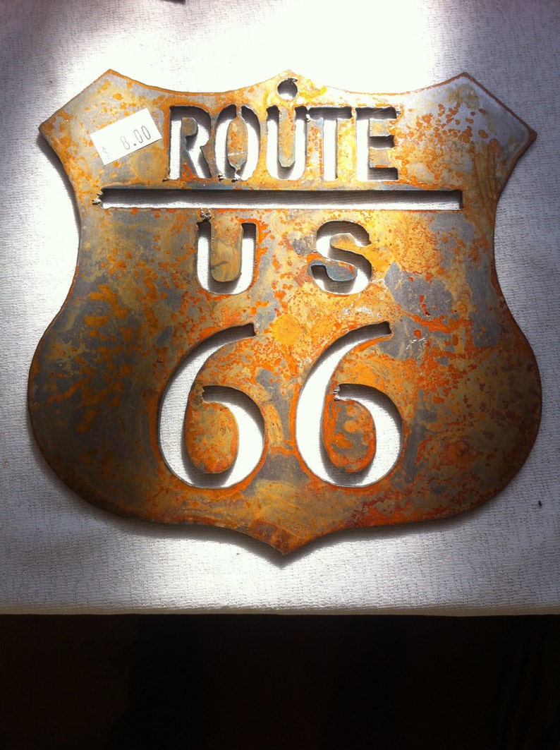 6 Inch Route Rt 66 Shield Rusty Rustic Metal Wall Art Road Ornament Design DIY Sign Made in USA Garage Shop Decor image 1