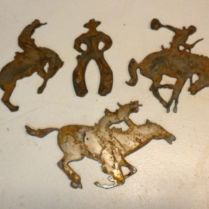 Lot Set of 4 Rusty 3-5 inch Cowboy and Horse Bucking Running Western Rodeo Shapes Vintage Antique Metal Art Ornament Craft Stencil DIY Sign