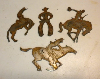 Lot Set of 4 Rusty 3-5 inch Cowboy and Horse Bucking Running Western Rodeo Shapes Vintage Antique Metal Art Ornament Craft Stencil DIY Sign