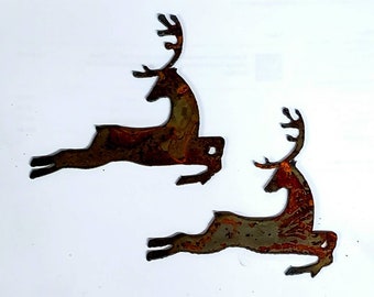 Lot Set of 2 Leaping Deer 4 inch Rusty Vintage Christmas Holiday Antique-y Metal Steel Wall Art Ornament Craft DIY Sign Made in USA