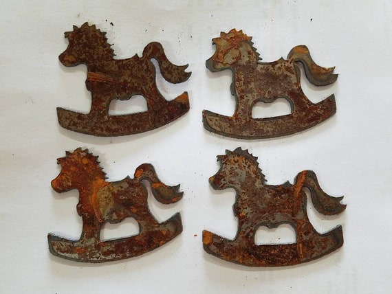 Lot of 4 Donkey Mule Shapes 3/" Rusty Metal Vintage Ornament Craft Sign Made USA