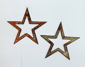 Lot of 2 HOLLOW Rough and Rusty Stars 3 inch Metal Art Ornament Sign Stencil Wind Chime Craft DIY