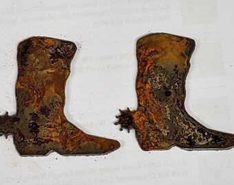 Lot of 2 Rough and Rusty Cowboy Boots 2 inch Metal Art Ornament Stencil Wind Chime Craft DIY Sign Made in USA