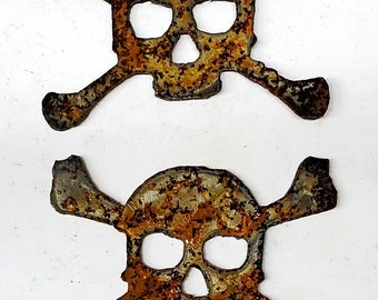 Lot Set of 2 Skull and Crossbone Shapes 3 inch Goth Rusty Vintage Antique-y Metal Steel Wall Art Ornament Craft Stencil DIY Sign Made in USA