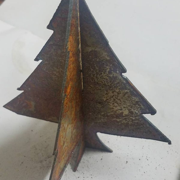 6 in tall 3d Self Standing Christmas Tree Forest Metal Rough Rusty Vintage-y Steel Wall Art Ornament Craft Sign DIY Rustic Decor Made in USA