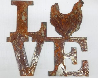 6 inch Square Love with Chicken Rusty Rustic 4h Animal Vintage Antique-y Metal Steel Wall Art Ornament Craft Scrapbook Stencil DIY Sign