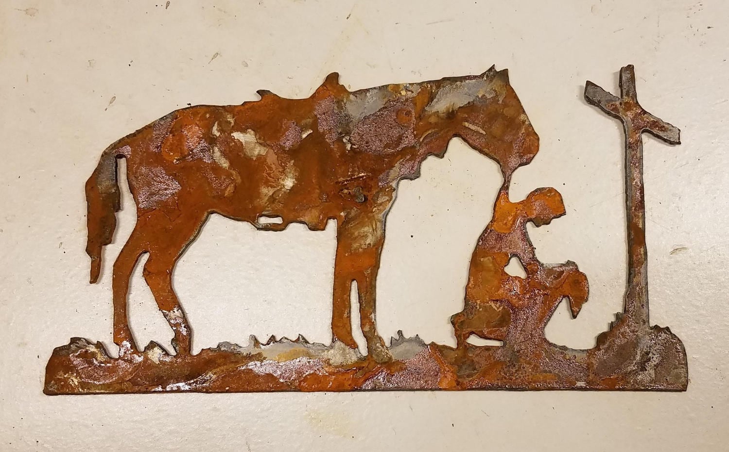 Cowboy and Horse Praying at Cross 8 x 4 inch Rusty Rough Vintage Metal Steel Western Wall Sign Craft