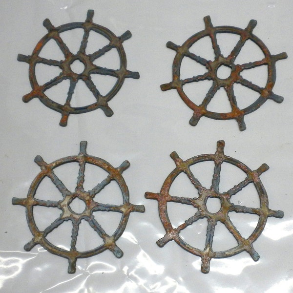 Lot Set of 4 Rusty 3 inch Boat Ship Wheel Nautical Naval Shapes Vintage Antique Metal Art Ornament Craft Stencil DIY Sign Made in USA