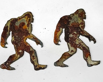 Lot Set of 2 Rusty 3 inch Sasquatch Bigfoot Yeti Shapes Vintage Antique Metal Art Ornament Craft Stencil Sign Made on USA