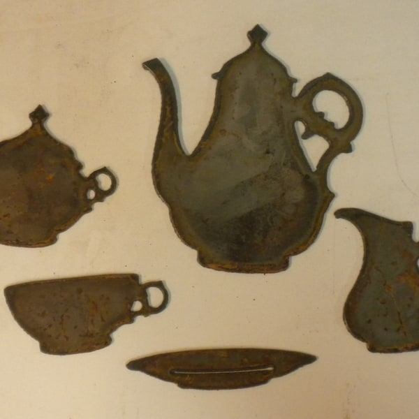 Tea Set Lot of 5 Teapot Cup Sugar Bowl Rusty Vintage Antique-y Metal Steel Wall Art Ornament Stencil