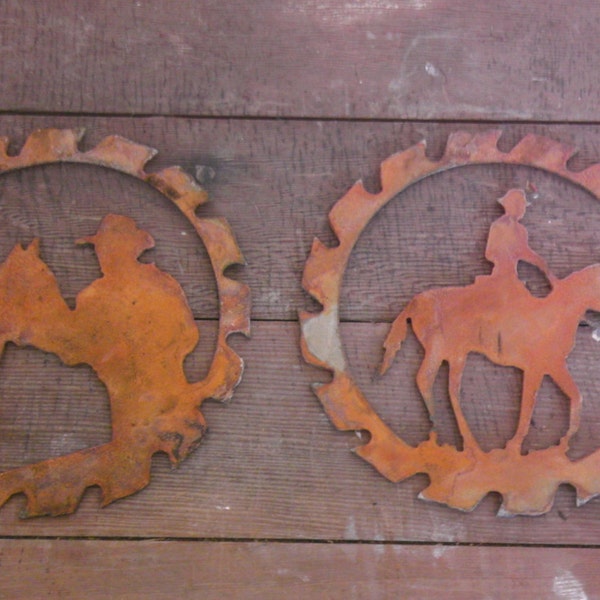 Set Lot of 2 Rusty Rough Vintage Cowboy and Horse Saw Blades 6 inch Metal Steel Western Wall Stencil