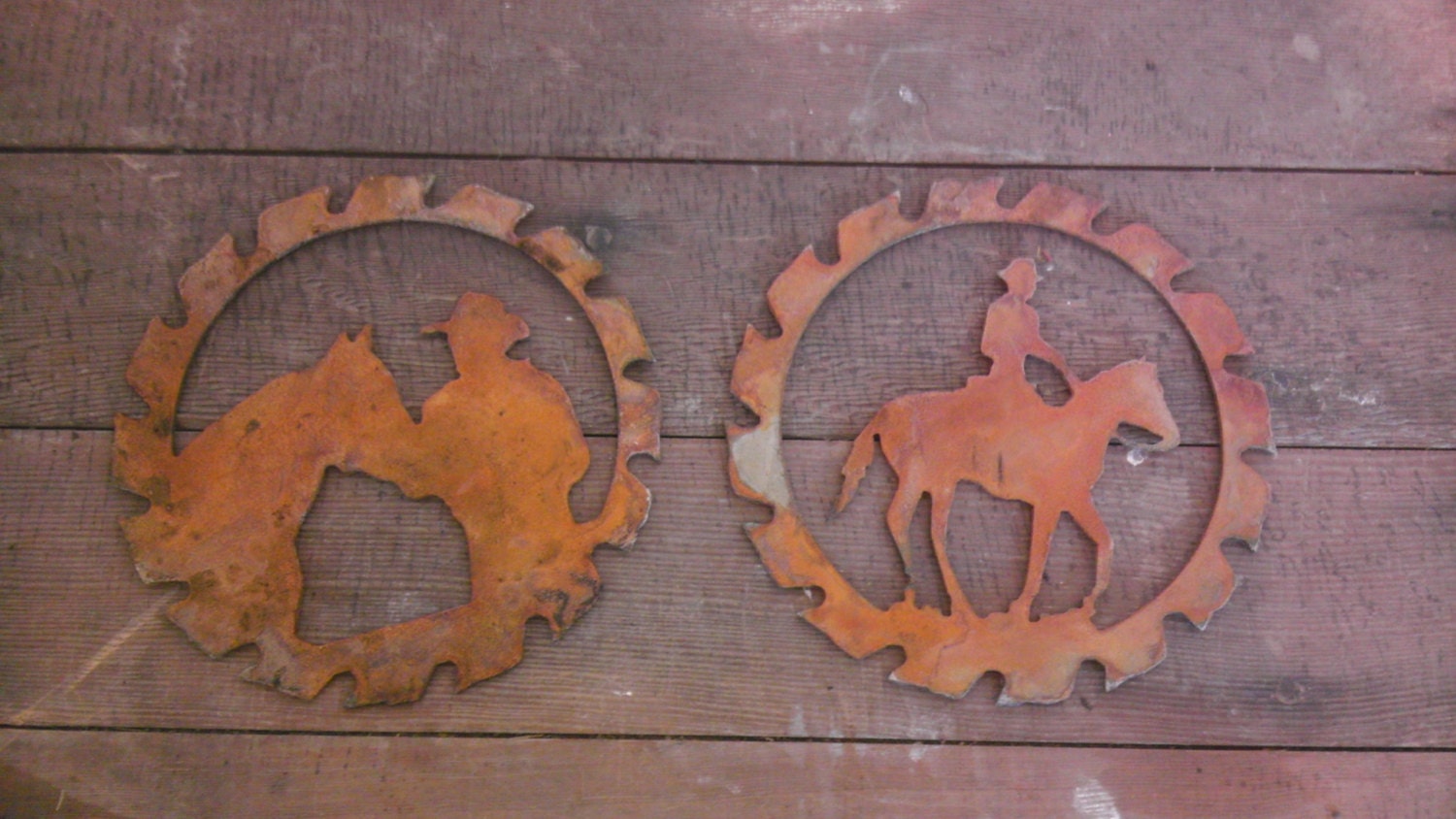 Set Lot of 2 Rusty Rough Vintage Cowboy and Horse Saw Blades 6 inch Metal Steel Western Wall Stencil