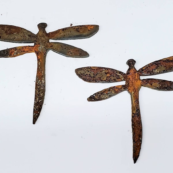 Lot Set of 2 Dragonfly Bug Insect Shapes 3 inch Rough Rusty Metal Steel Wall Art Home Stencil DIY Craft Garden Sign Made in USA