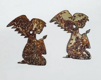 Lot Set of 2 Praying Angels 3 inch Rough Rusty Metal Steel Wall Art Holiday Ornament Stencil DIY Sign Craft Made in USA