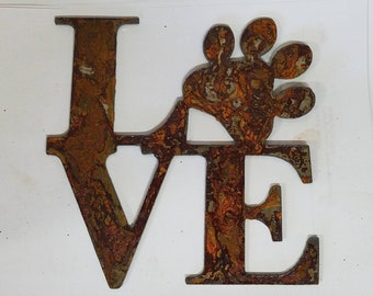 6 inch Square Love with Dog or Cat Paw Print Animal Rusty Rustic Vintage Antique-y Metal Steel Wall Art Ornament Craft Stencil DIY Sign