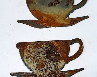 Lot Set of 2 Coffee Tea Cup Saucer Shapes 3 inch Rusty Vintage Antique-y Metal Steel Wall Art Ornament Craft Stencil DIY Sign Made in USA