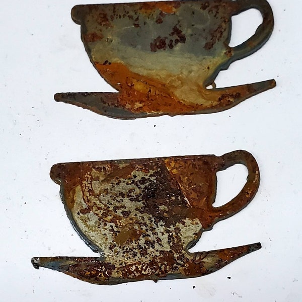 Lot Set of 2 Coffee Tea Cup Saucer Shapes 3 inch Rusty Vintage Antique-y Metal Steel Wall Art Ornament Craft Stencil DIY Sign Made in USA