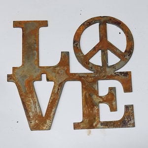 6 inch Square Love with Peace Sign Rusty Rustic Vintage Antique-y Metal Steel Wall Art Ornament Craft Stencil DIY Sign