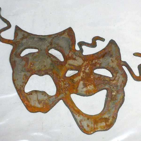 Comedy Tragedy Mask Theater Sign Shape 6 inch Rusty Vintage Antique-y Metal Steel Wall Art Ornament Craft Stencil DIY Sign Made in USA