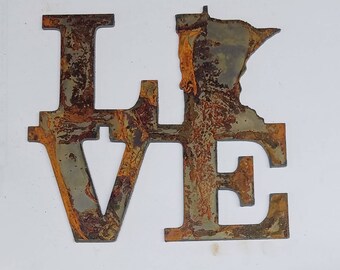 6 inch Square Love with Minnesota State Rusty Rustic Vintage Antique-y Metal Steel Wall Art Ornament Craft Stencil DIY Sign