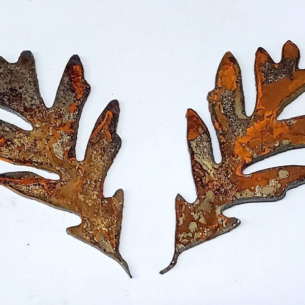 Lot Set of 2 Oak Leaf Leaves Autumn Fall Shape 3 inch Rusty Vintage Antique-y Metal Steel Wall Art Ornament Craft Stencil DIY Sign Made USA