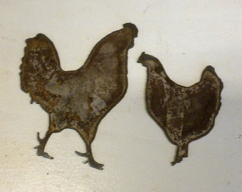 Lot Set of 2 Rusty 6 inch Chicken Rooster Hen Barnyard Shapes Vintage Antique Metal Art Ornament Craft Stencil Sign DIY Made in USA