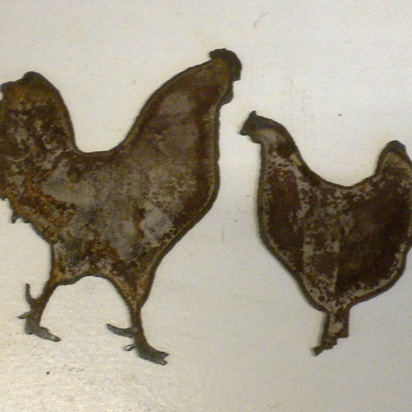 Lot Set of 2 Rusty 3 inch Chicken Rooster Hen Barnyard Shapes Vintage Antique Metal Art Ornament Craft Stencil DIY Sign Made in USA