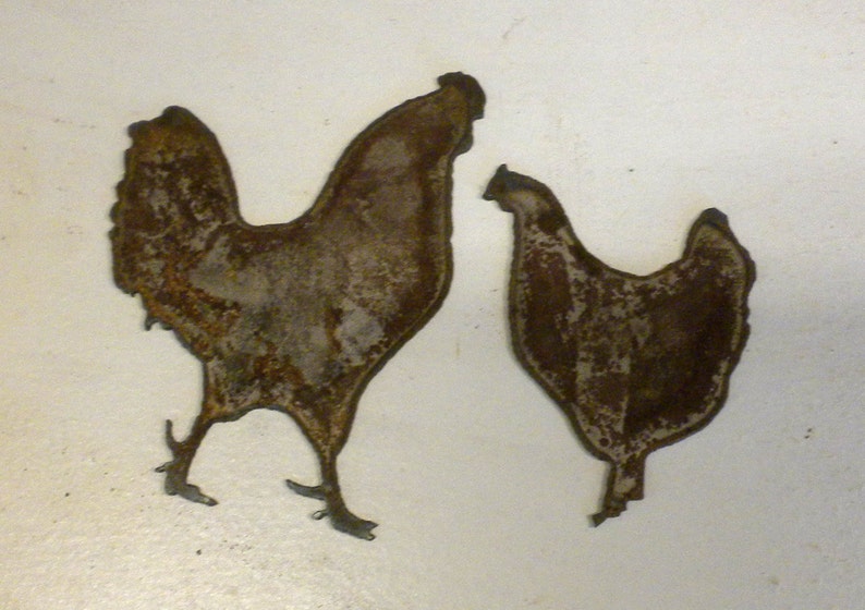 Lot Set of 2 Rusty 6 inch Chicken Rooster Hen Barnyard Shapes Vintage Antique Metal Art Ornament Craft Stencil Sign DIY Made in USA image 1