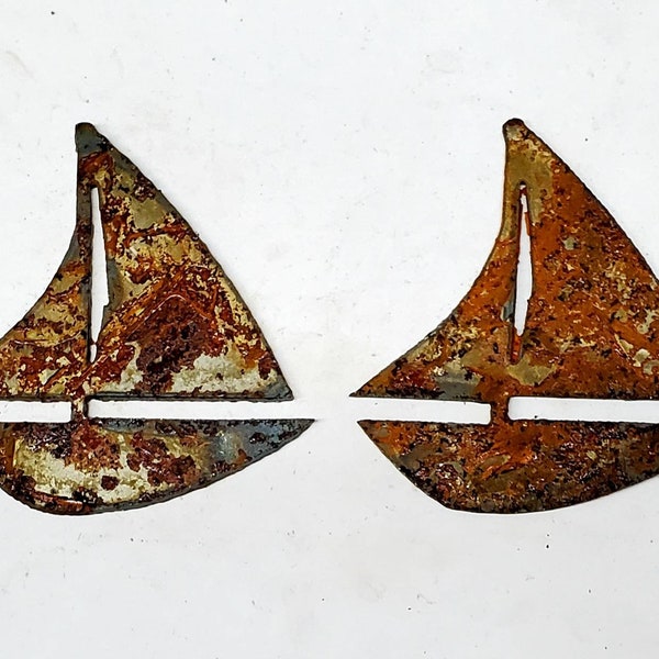 Lot Set of 2 Sailboat Ship Shape 3 inch Rusty Vintage Antique-y Metal Steel Wall Art Ornament Made in USA Craft Stencil diy Sign